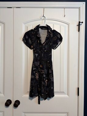 Black Short-Sleeve Printed Shirt Dress